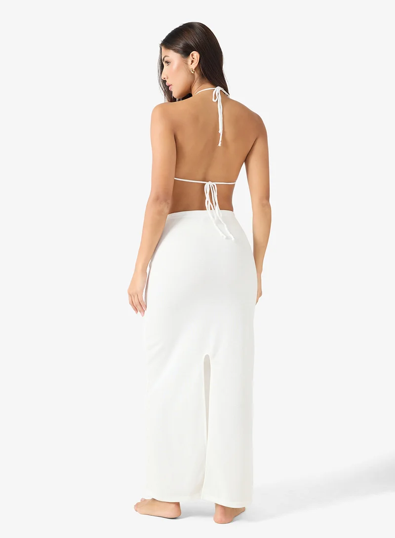 جينجر Bikini Top & Crochet Maxi Skirt Set With Floral Embroidery